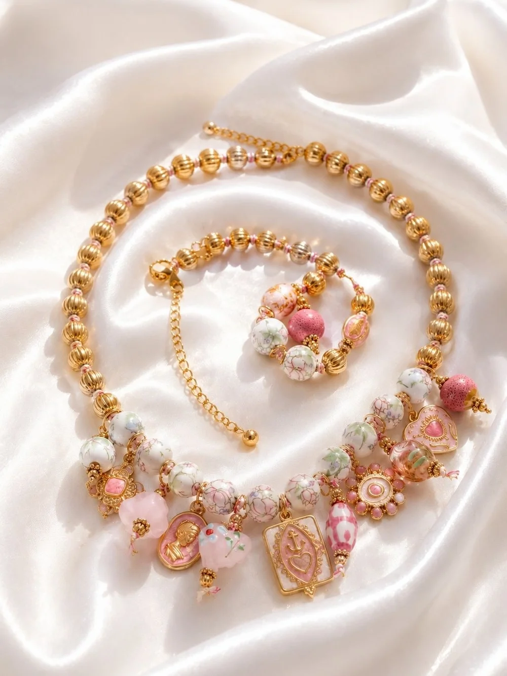 Pink and Gold Beaded Charm Necklace with Matching Bracelet